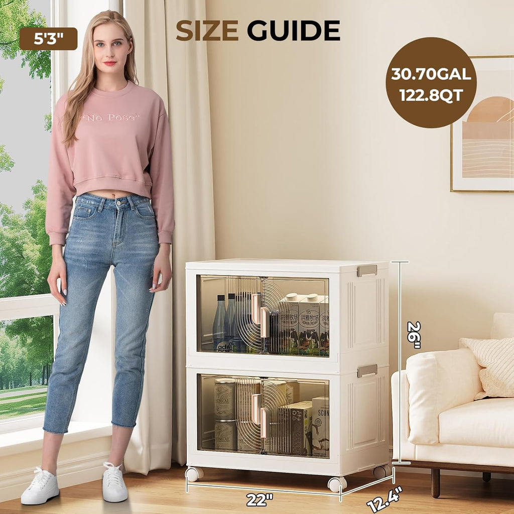 Elegant 2 Tiers Stackable Storage Bins for Home Organization, Moveable Plastic Storage Bins with Lids, Easy Assembled Storage Box for Closet Organizers and Storage Dorm 22" W x 12.4" D x 26" H