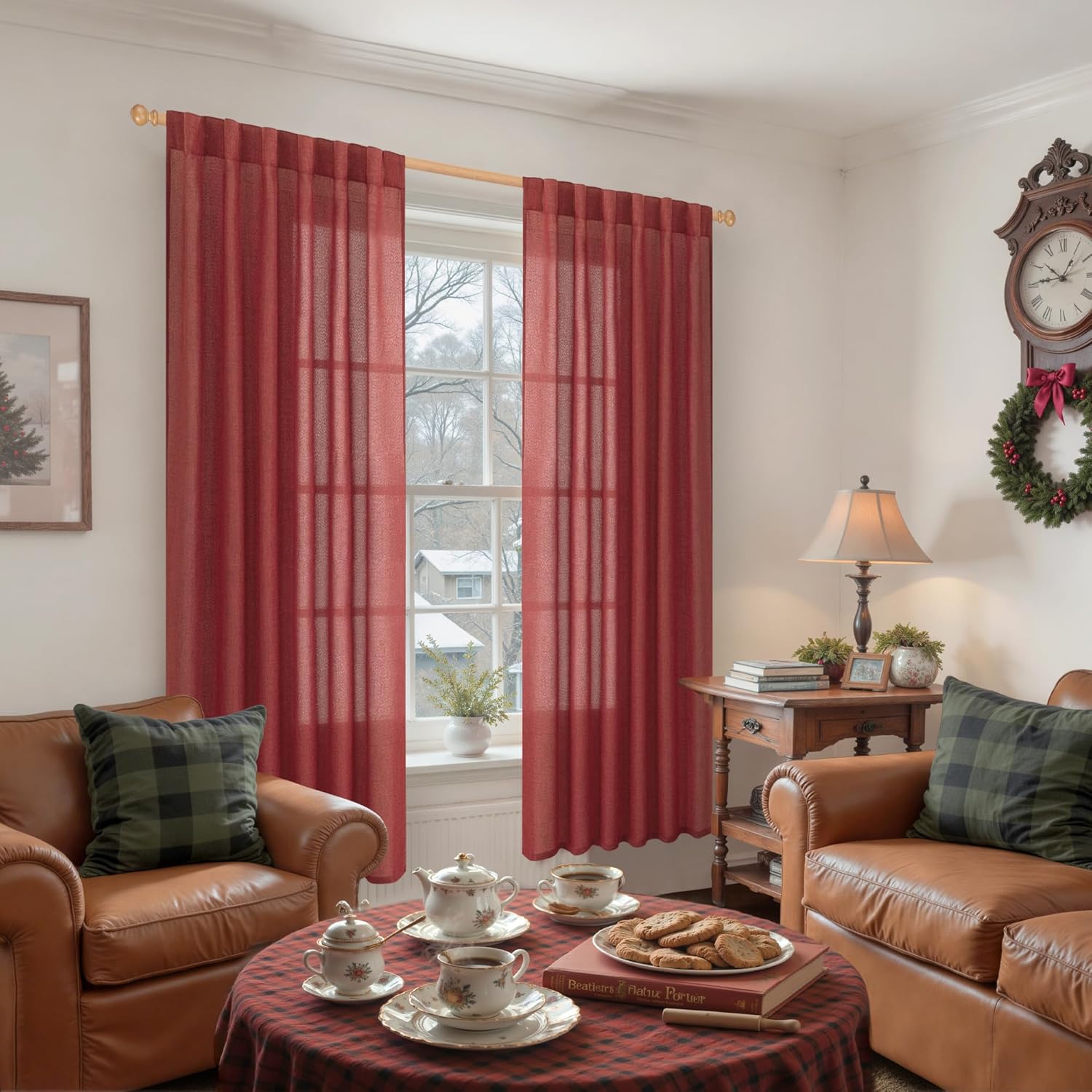 YoungsTex Red Linen Semi Sheer Curtains 72 Inch Length for Living Room - Light Filtering Drapes with Back Tab Rod Pocket Privacy for Bedroom Christmas Decor, 2 Panels, 52 X 72 Inch