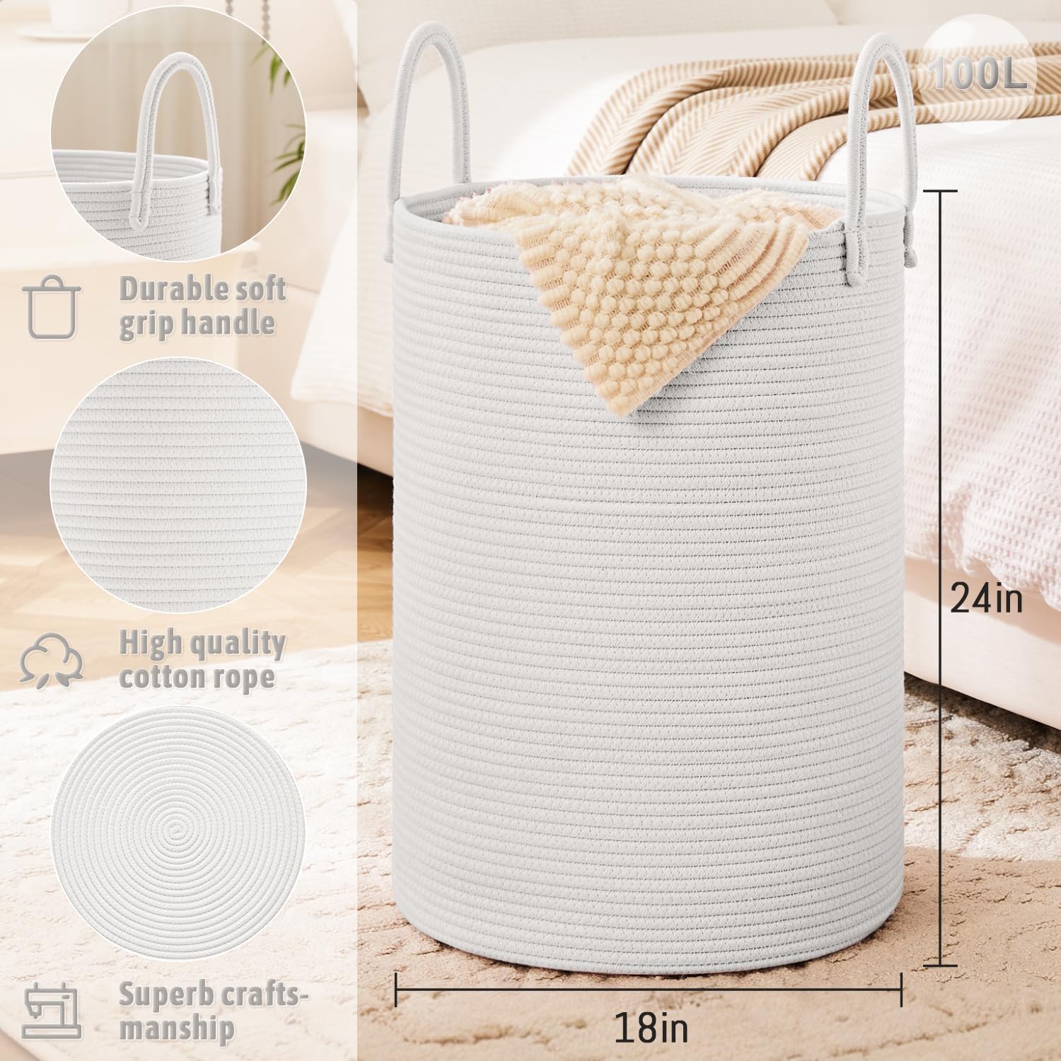Laundry Basket,Woven Cotton Rope Laundry Hamper,100L for Decorative Storage of Dirty Clothes,Toys and Blankets in Bathroom,Baby Room and Living Room