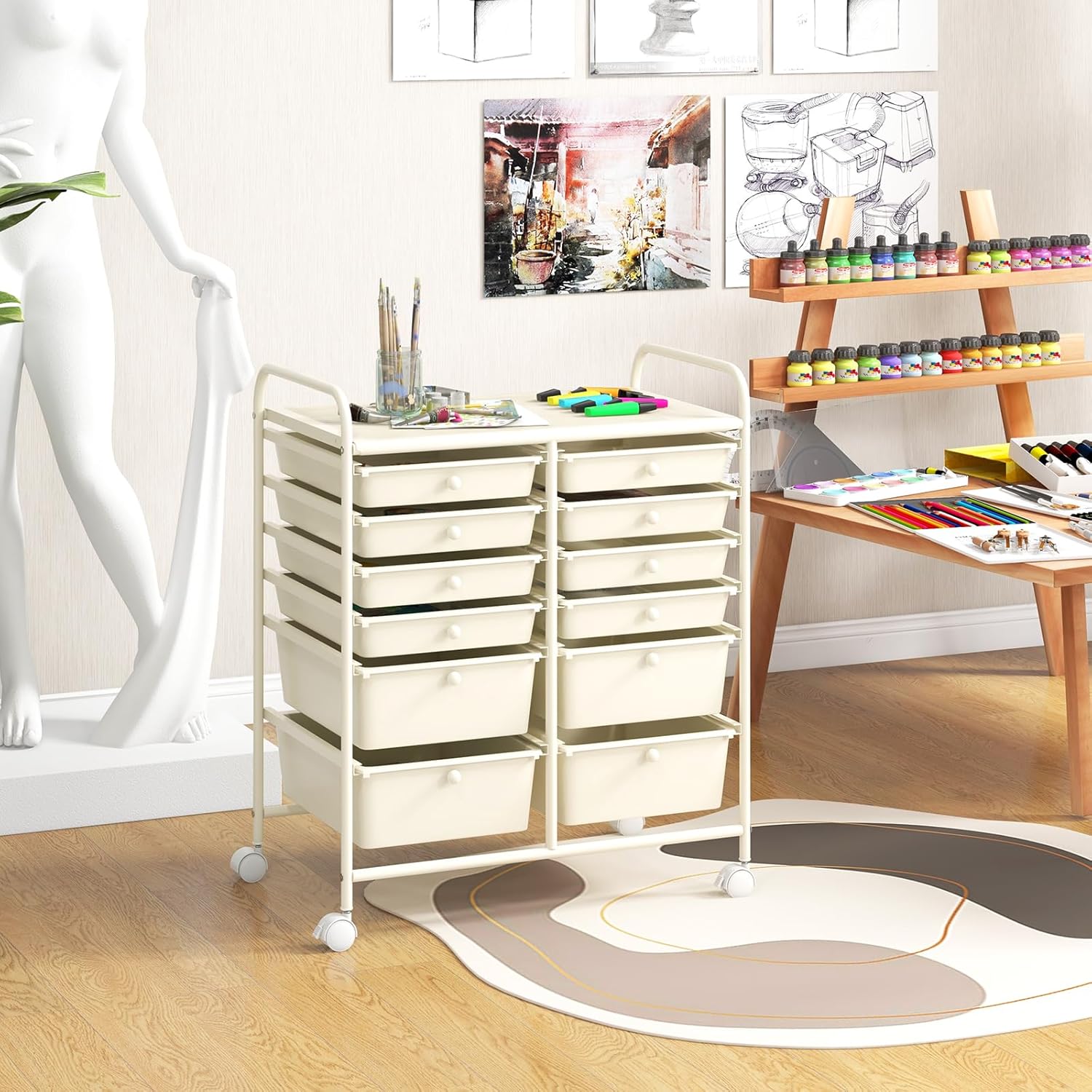 GOFLAME 12-Drawer Rolling Storage Cart, Multipurpose Organizer Cart with 2 Sizes Plastic Drawers, Mobile Utility Cart with Lockable Casters for School, Home Office, Beauty Salon, White