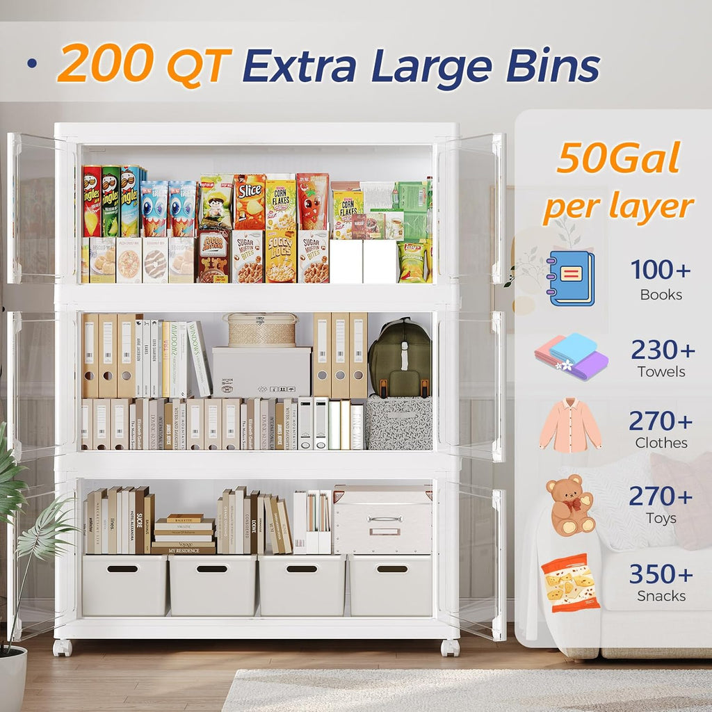 1000Qt Stackable Storage Bins with Lid and Wheel, 250Gal Plastic Closet Organizer and Storage Drawer, Large Collapsible Storages Box Cabinet with Clear Door for Home Kitchen, 5Pack White