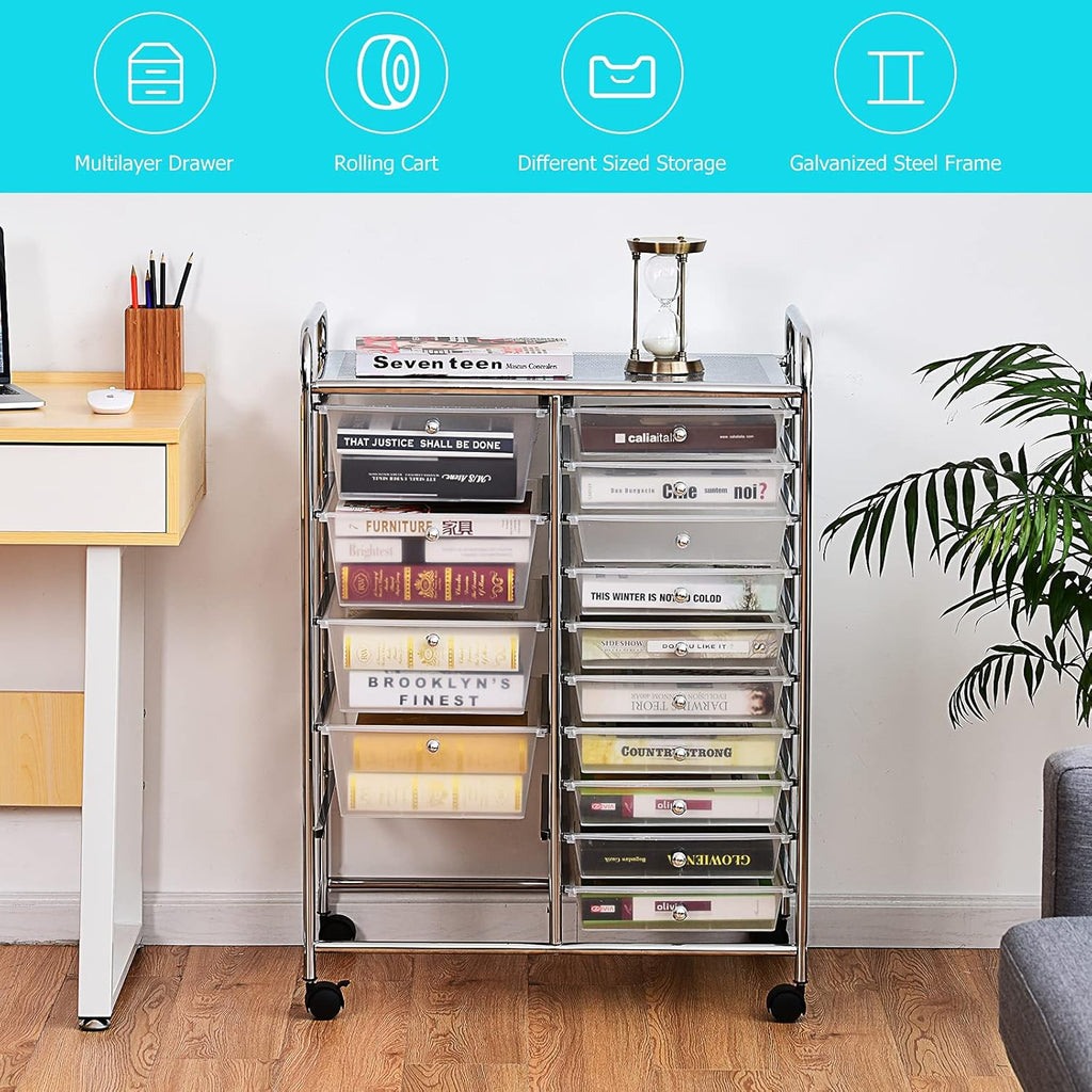 GOFLAME 15-Drawer Rolling Storage Cart, Multipurpose Movable Organizer, Utility Cart for Home, Office, School, Clear