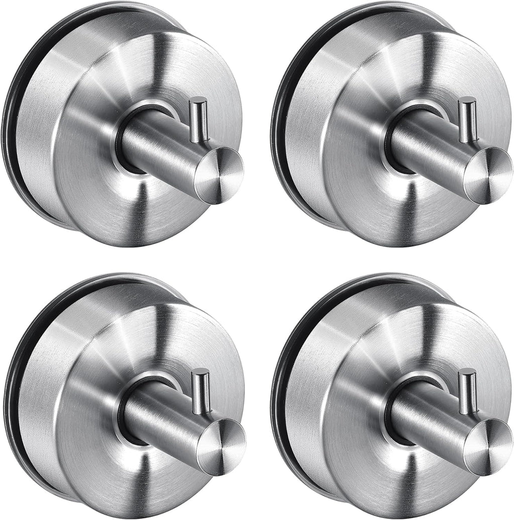 JOMOLA Brushed Stainless Steel Shower & Bathroom Hooks - No Drill Adhesive-Free Suction Cup Hardware, Rustproof Waterproof Metal Wall Mount for Towel Robe, Damage-Free (4-Pack)