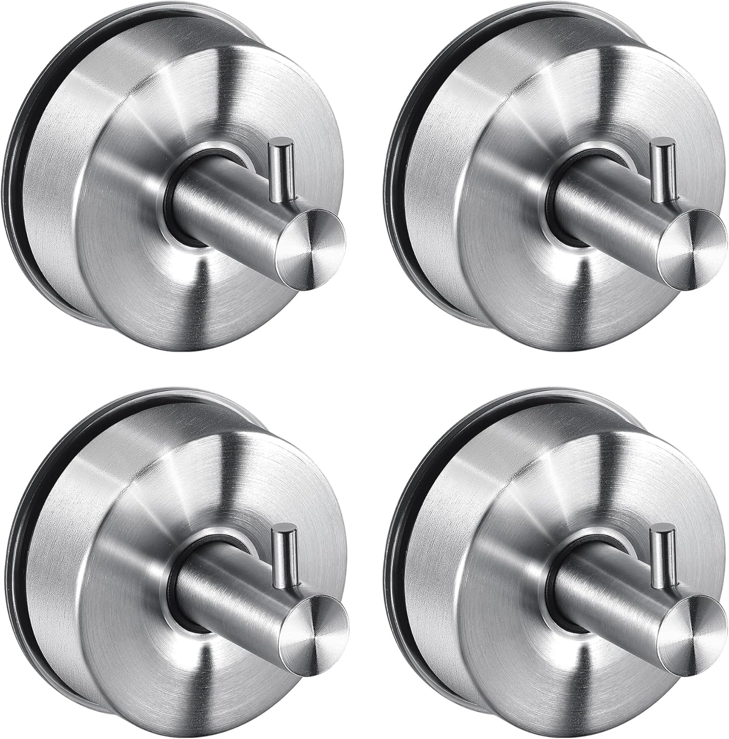 JOMOLA Brushed Stainless Steel Shower & Bathroom Hooks - No Drill Adhesive-Free Suction Cup Hardware, Rustproof Waterproof Metal Wall Mount for Towel Robe, Damage-Free (4-Pack)