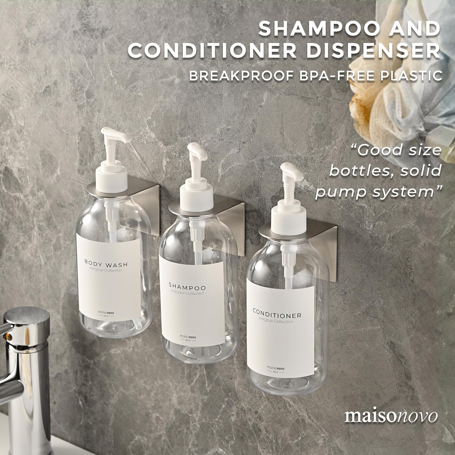 MaisoNovo Shampoo and Conditioner Dispenser - Shower Soap Dispenser Wall Mounted - 16.9 fl oz Set of 3 Clear Plastic Bottles White Pump - Shampoo Dispenser, Shower Dispenser 3 Chamber No Drill