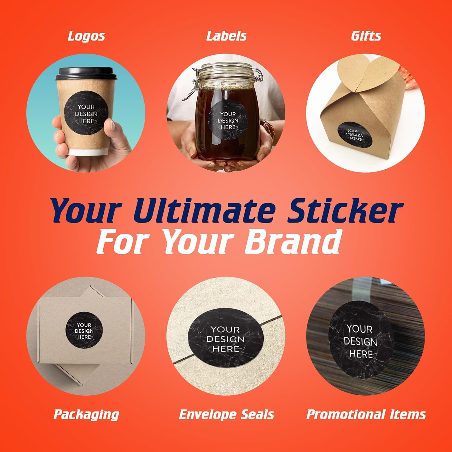 100 Custom Vinyl Stickers - Upload Your own Image, Text, Design, Logo - Personalized Logo Labels for Handmade, Packaging, Bottle, Jars, Candle, Brand Stickers (Black Marble, 3x3)