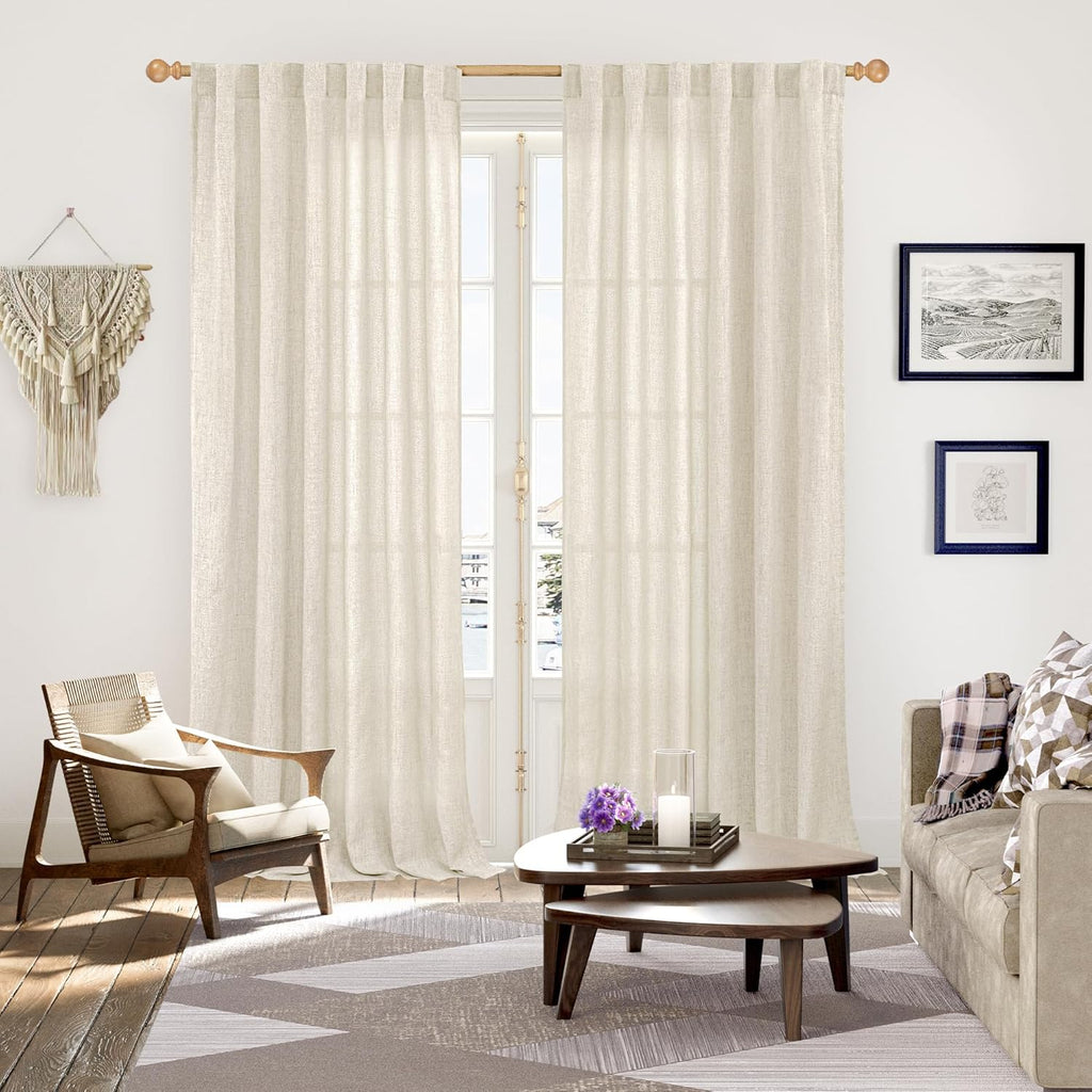YoungsTex Linen Semi Sheer Curtains 84 Inch Length for Living Room 2 Panels Set - Boho Light Filtering Window Treatments Drapes with Rod Pocket Back Tab for Bedroom Dining, 52 X 84 Inch