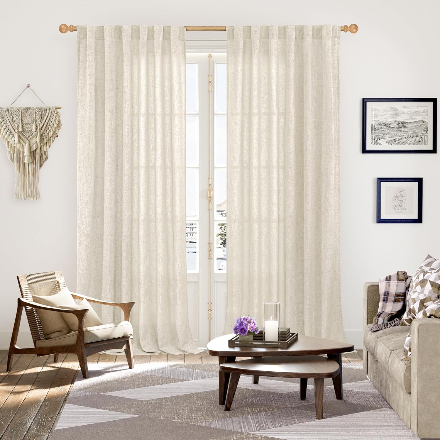 YoungsTex Extre Long Linen Curtains 102 Inch Length for Living Room, Semi Sheer Window Drapes with Rod Pocket Back Tab Light Filtering for Farmhouse Bedroom, 2 Panels, 52 X 102 Inch