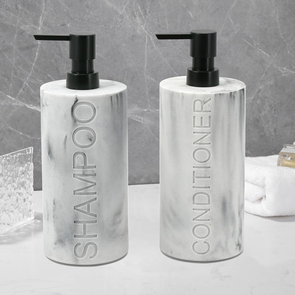 Marble Resin 2 Piece Shampoo and Conditioner Dispenser Set, Luxurious Refillable Pump Bottles with Matte Pump Top and Embossed Text, Durable Design for Bathroom and Shower