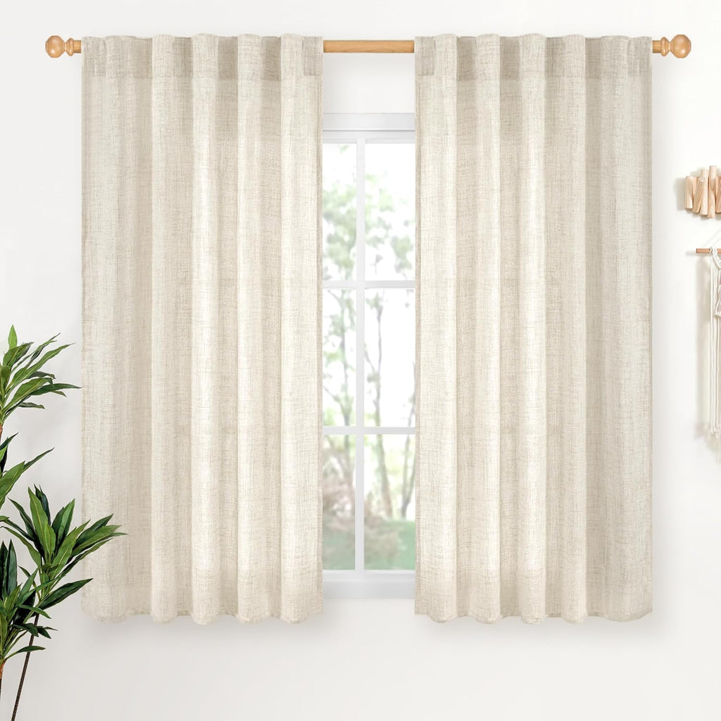 YoungsTex Linen Curtains 54 Inch Length for Kitchen, Light Filtering Semi Sheer Small Window Drapes Rod Pocket Back Tab for Living Room Cafe Farmhouse, Linen, 2 Panels, 42 X 54 Inch