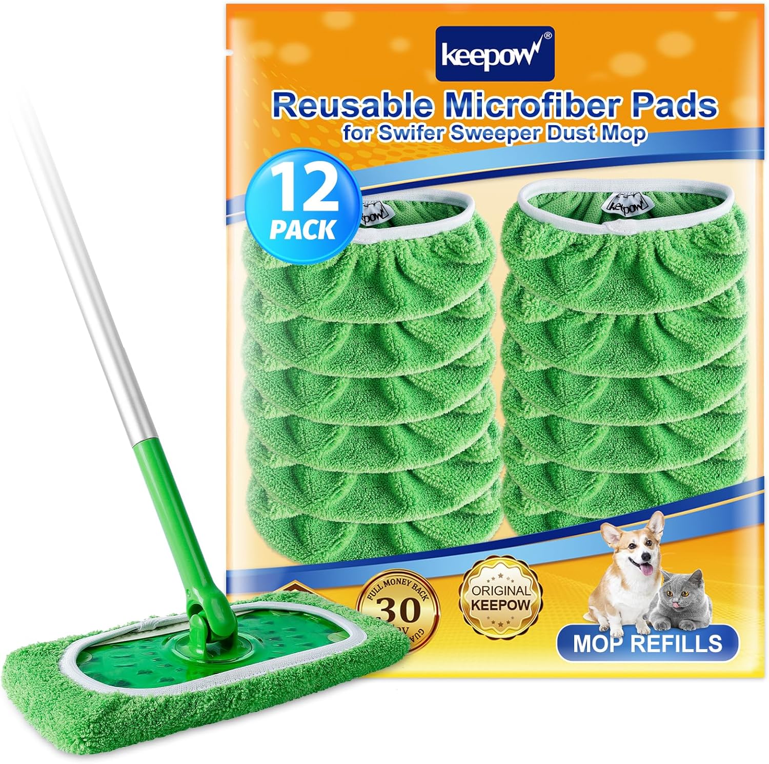 KEEPOW Reusable Wet Pads Refills Compatible with Swiffer Sweeper Mop, Dry Sweeping Cloths, Microfiber Wet Mopping Cloths for Hardwood Floor Cleaning, 12 Pack (Mop is Not Included)
