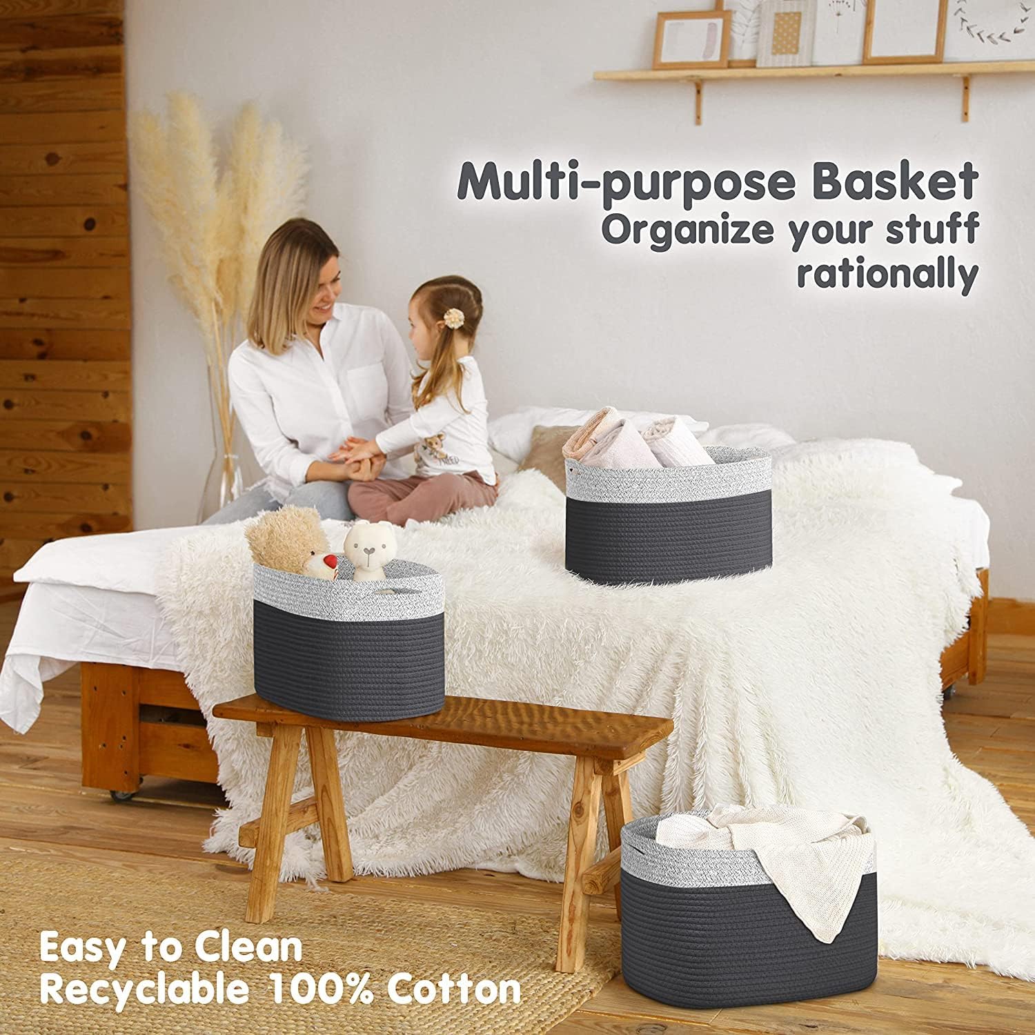 CHAT BLANC Cotton Rope Baskets for Organizing I Storage Baskets for Shelves | Rope Basket for Storage, Small Laundry Baskets, Woven Baskets for Storage, Dog Toy Bin, Baby Basket, Gray & Graphite 3Pack