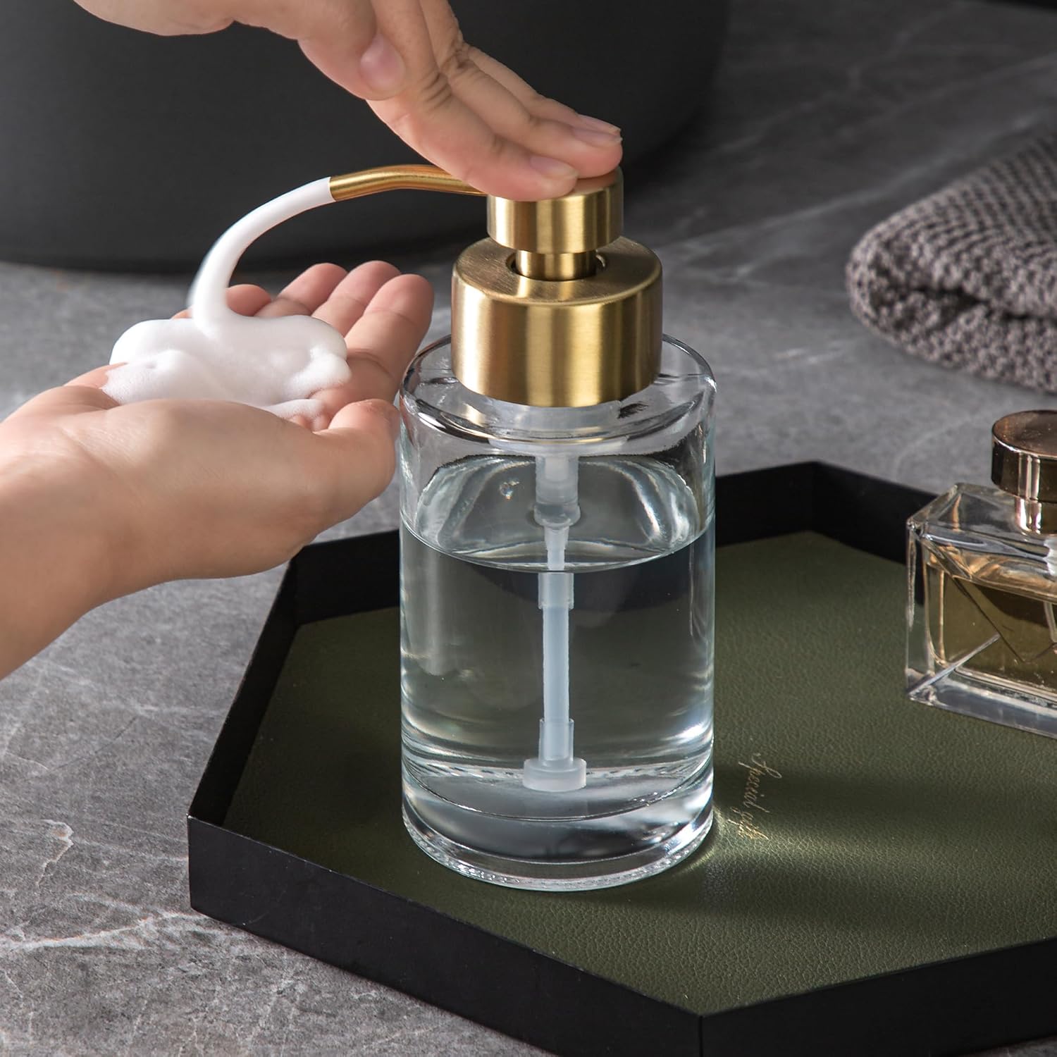 Enra Foam Soap Dispenser,12oz Thick Glass Bathroom Soap Dispenser with Stainless Steel Gold Pump for Bathroom Kitchen(Clear/Gold Poam Type)