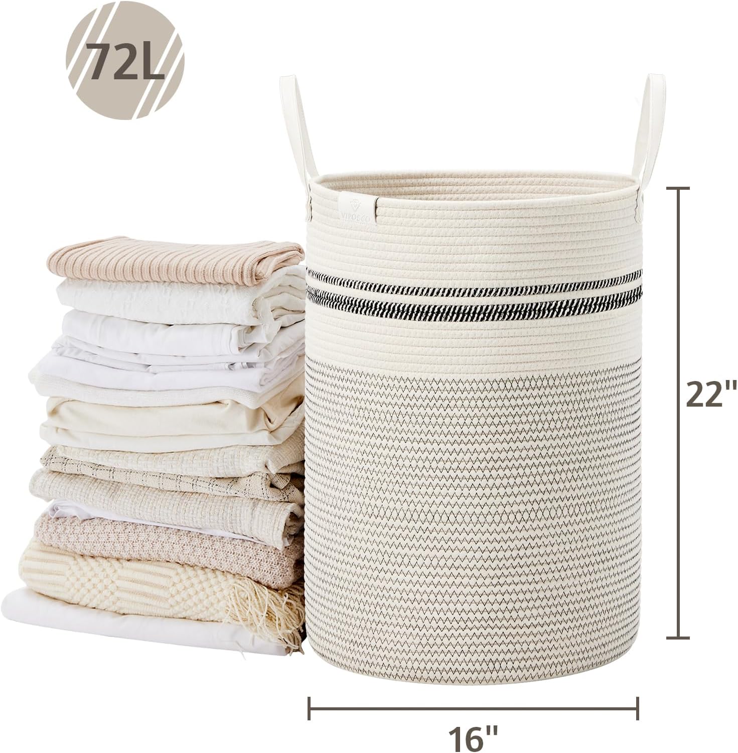 VIPOSCO Tall Laundry Basket, Large Dirty Clothes Hamper with Leather Handle, Woven Rope Storage Basket for Blanket, Toy In Living Room, Bathroom, Bedroom - 72L Stripe White