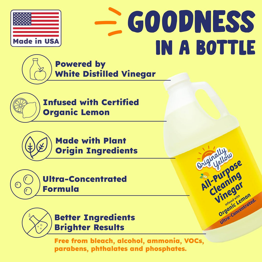 Originally Yellow Lemon Vinegar For Cleaning Purpose | USA Made All Purpose Cleaner | Use as a Floor, Glass, Kitchen, & Bathroom Cleaner | Plant Derived Vinegar 1 Gallon in 2 bottles | 128 Oz
