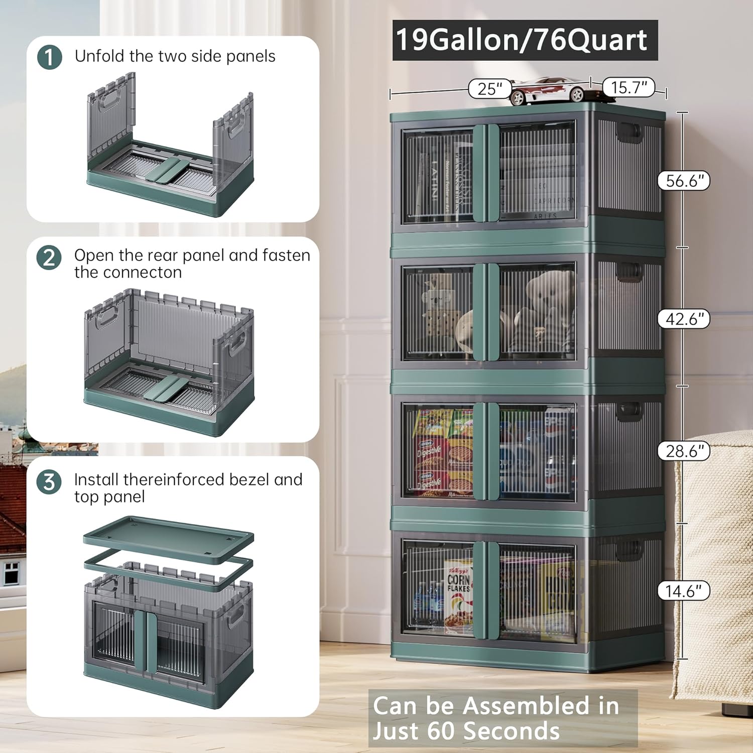 19Gal Collapsible Storage Bins with Lids & Wheels - 2 Pack Stackable with Doors, Heavy-Duty Plastic Containers for Home/Office, Green