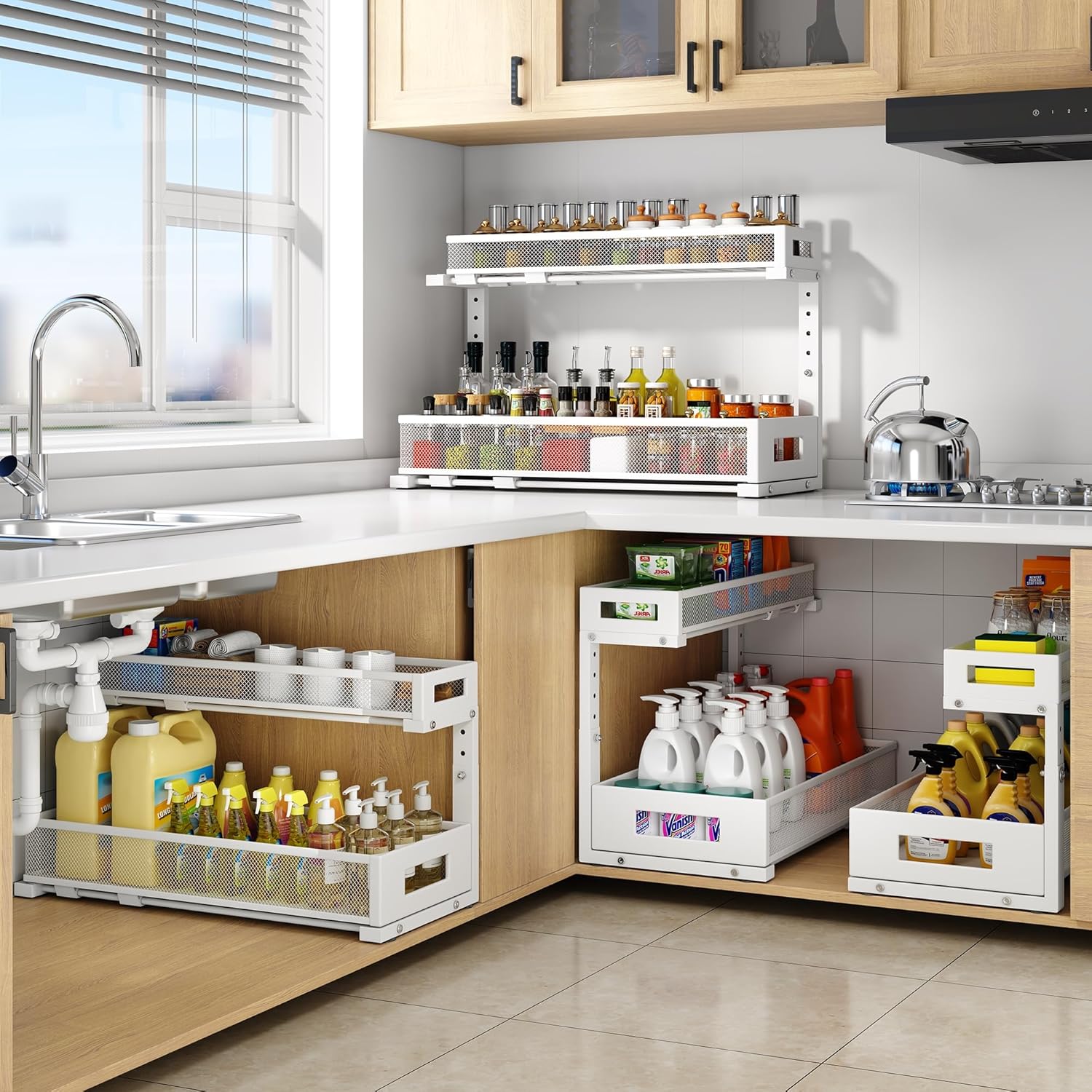 1 Pack 20.47IN Depth Under Sink Storage Organizer, Large 2-Tier Elegant Mesh Pull Out Shelf for Kitchen and Bathroom Cabinet Organization, L-Shaped and Adjustable Height Design-White