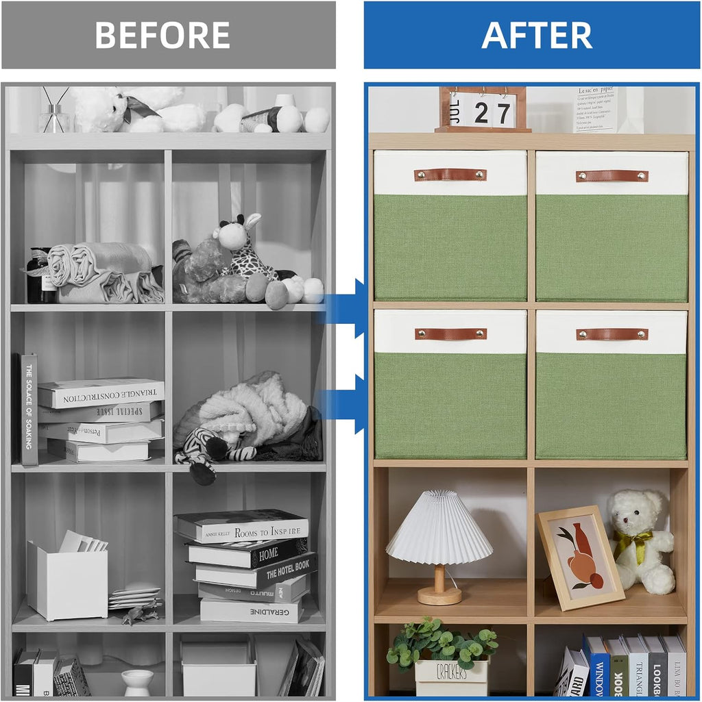 Temary 13 Inch Cube Storage Bin 4 Pack Fabric Storage Cubes Fabric Storage Bin for Shelf, Cube Storage Basket with Leather Handles(White&Green)