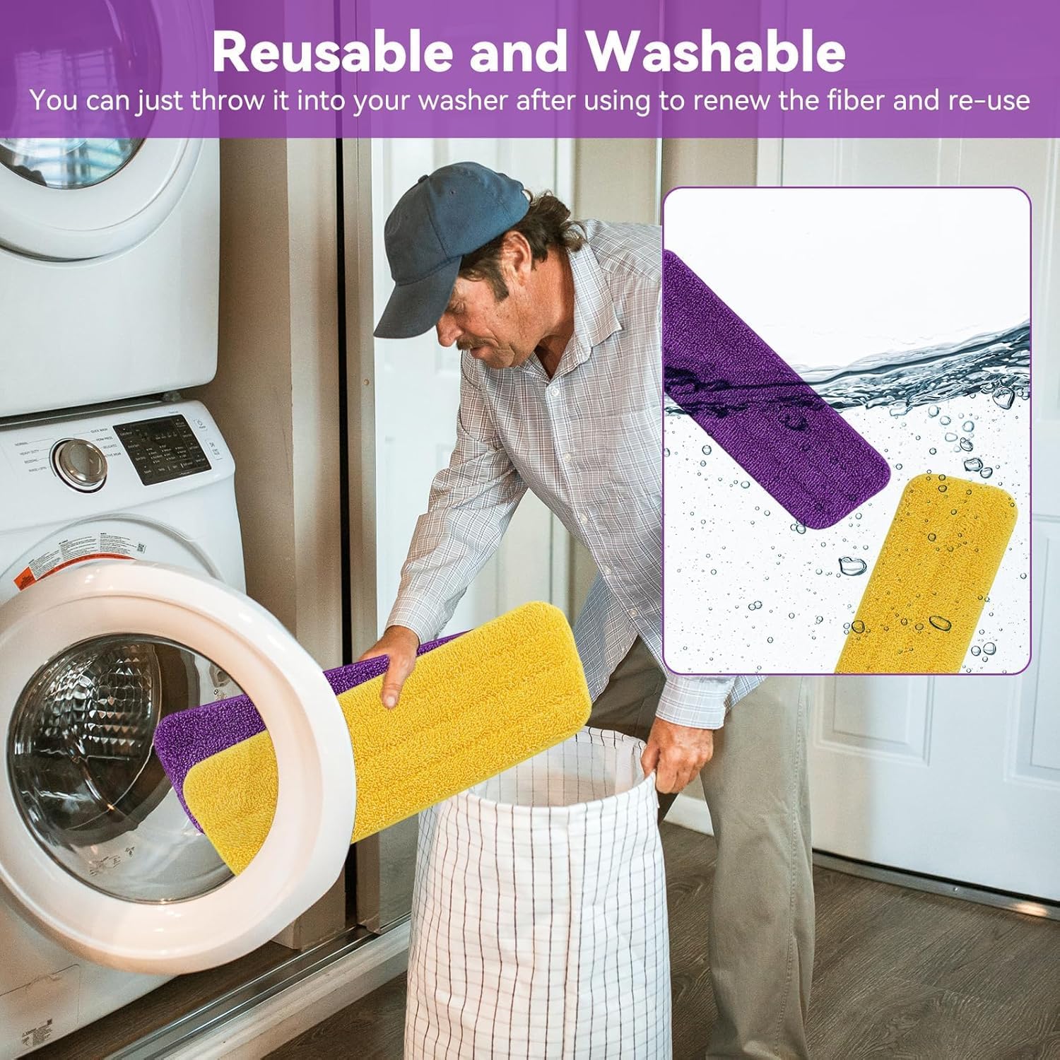 16.5 inch Microfiber Mop Pads for Rubbermaid Reveal Spray Mop and Any 16.5" Flat Mop - 6 Pack 13''-15'' Spray Mop Pad Reusable Washable Replacement Refills - Purple & Yellow