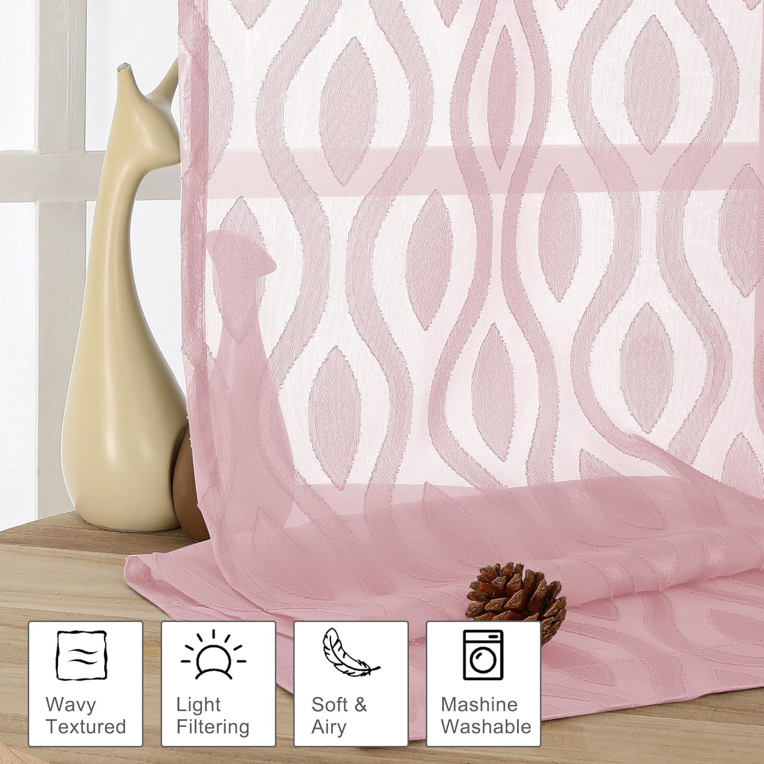 Aiyufeng Sheer Pink Curtain 45 Inch Length 2 Panels Set, Farmhouse Clip Jacquard Textured Short Window Curtains, Lightweight Chic Wavy Line See Through Curtains for Bedroom, 40" Wx45 L Inches