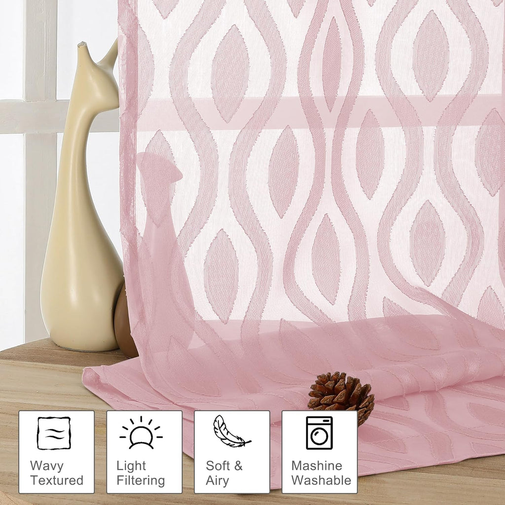 Aiyufeng Blush Pink Sheer Curtains 84 Inches Long 2 Panels Set, Soft Airy Lightweight Transparent Wavy Line Jacquard Farmhouse Curtians for Bedroom Living Room, Dual Rod Pocket, Total 80 inches Width