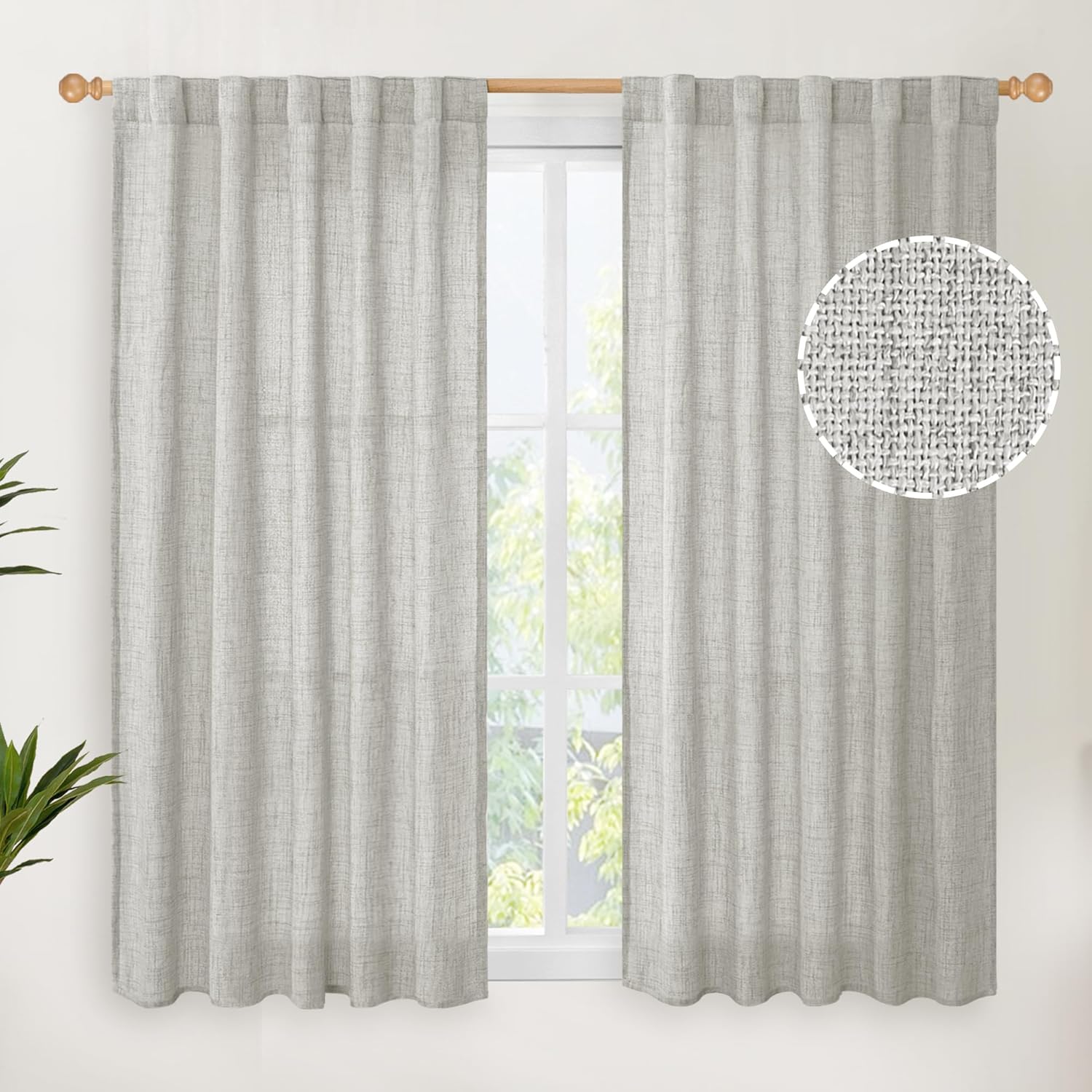 YoungsTex Light Grey Linen Curtains 45 Inch Length for Short Window, Light Filtering Burlap Textured Drapes Rod Pocket Back Tab for Kitchen Living Room Bedroom, 2 Panels, 42 X 45 Inch