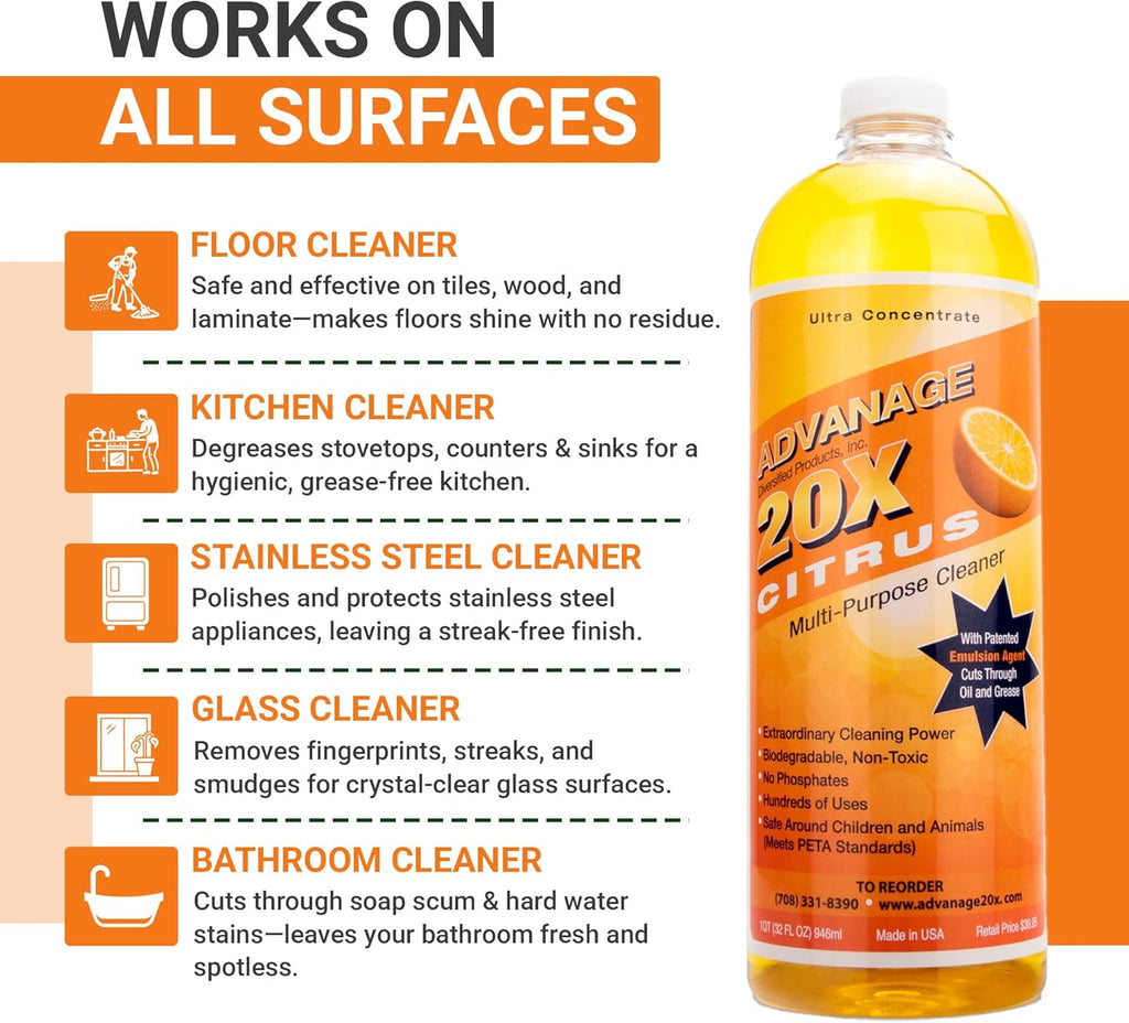 All Purpose Cleaner Concentrate - Advanage 20X The Wonder Cleaner Citrus for All Surfaces Around Bathroom, Kitchen, Oil and Grease | Multi Purpose Cleaner for Household Cleaning Solution | 32 Fl Oz