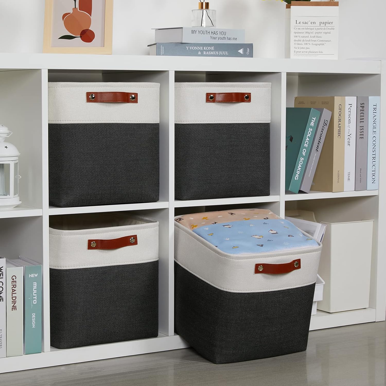 DULLEMELO Set Of 4 Cube Storage Bins, Fabric Storage Basket for Shelves Closet Nursery Toy Storage, 12 Inch Collapsible Fabric Bins for Toy Book Magazine Towel Organizers(4 Pack - 12" White&Black)