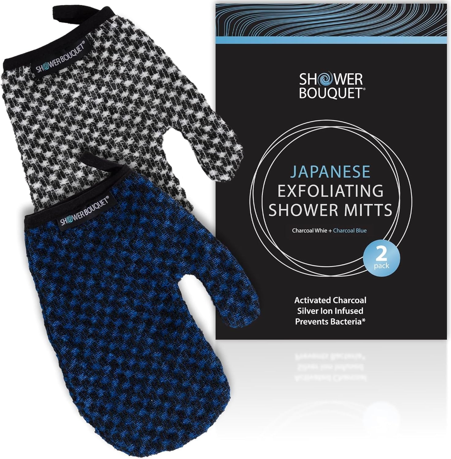 Japanese Exfoliating Mitt 2-Pack - Charcoal & Silver Ion Exfoliating Gloves for Shower - Soft Inner Fabric Gentle Exfoliation & Deep Cleansing Body Scrub Gloves for All Skin Types - 1 White, 1 Blue