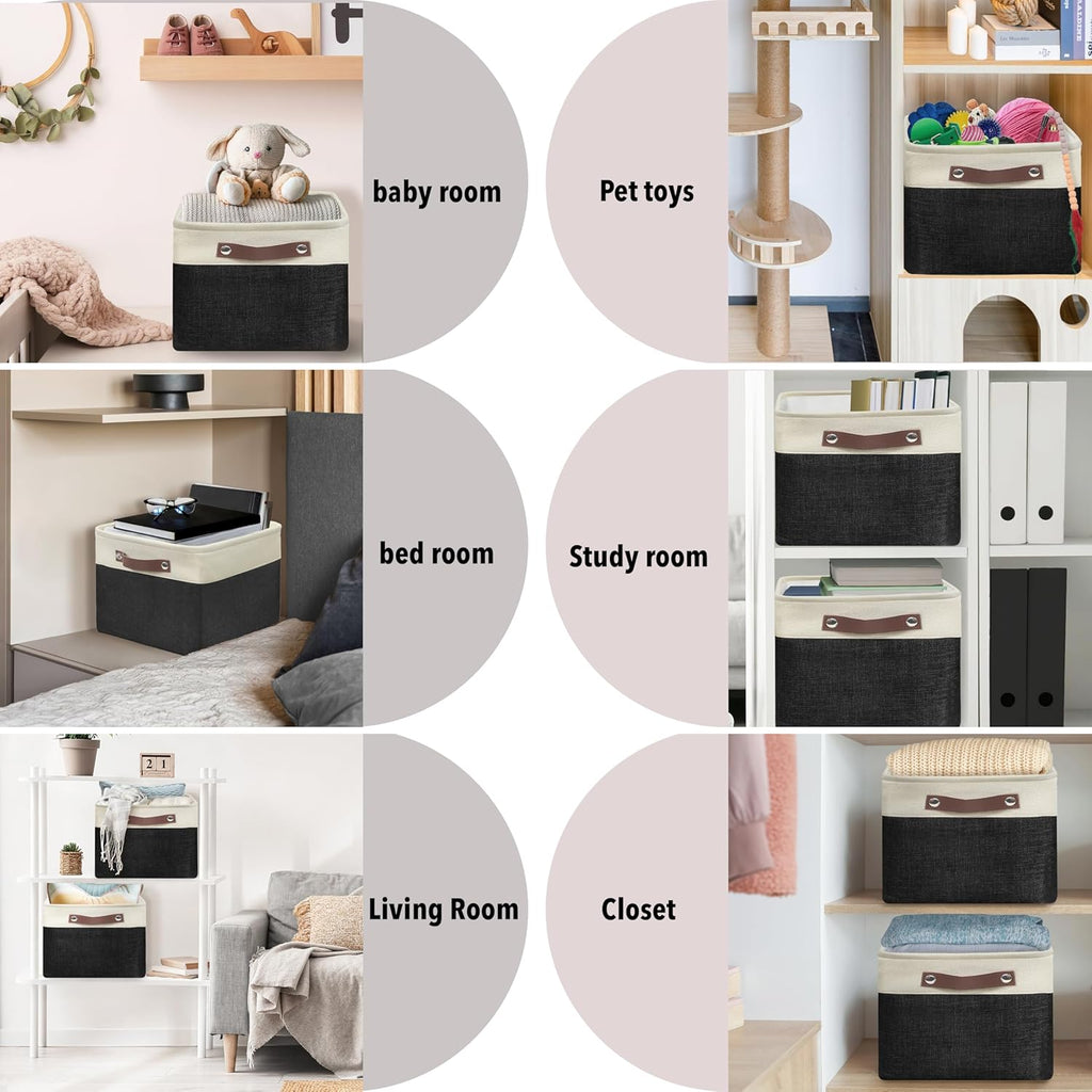 SIMPLE HOUSEWARE Large Fabric Storage Bin, 15" x 11" with Leather Like Handles, 3 Pack, Black