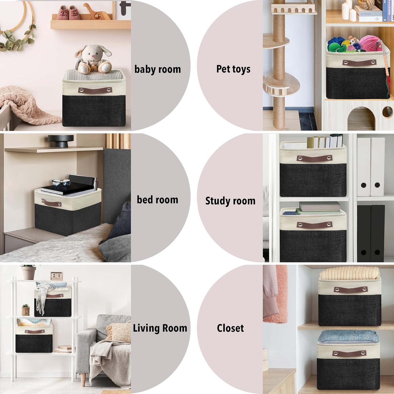 SIMPLE HOUSEWARE Large Fabric Storage Bin, 15" x 11" with Leather Like Handles, 3 Pack, Black