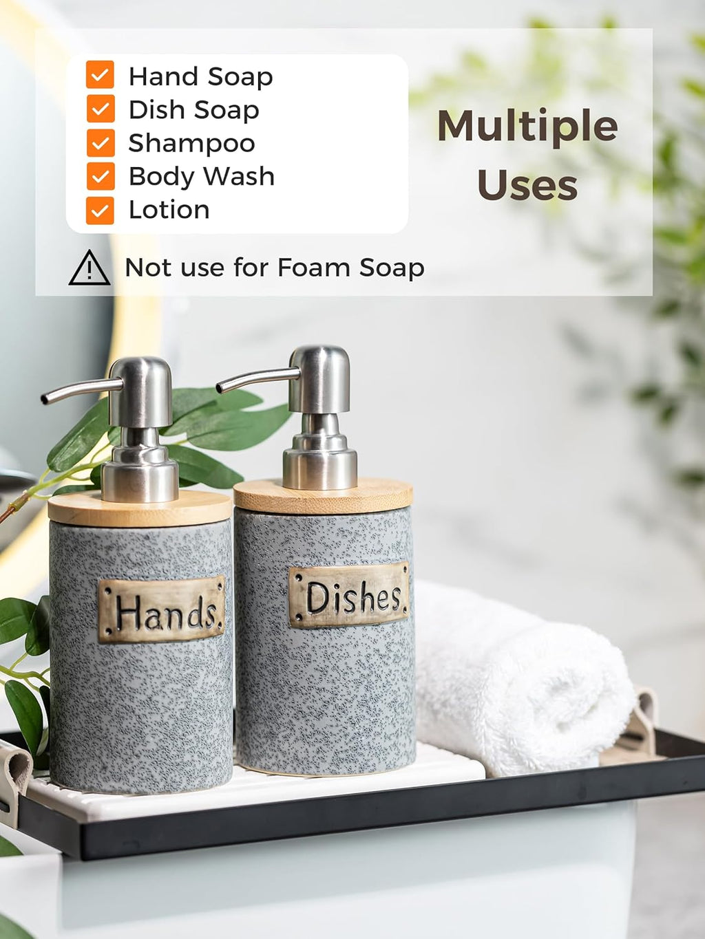 Hand and Dish Soap Dispenser Set, Ceramic Kitchen Soap Dispenser for Bathroom Lotion, Body Wash, Includes Instant Dry Tray, Collapsible Funnel, 15 Oz, Gray