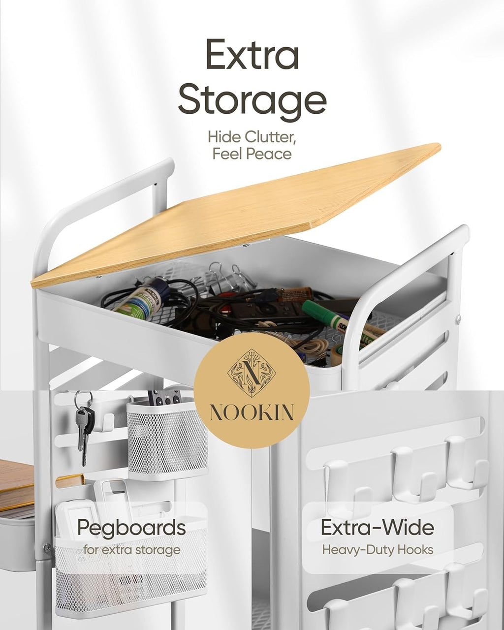 Art Cart with Tabletop & Pegboard - 3-Tier Rolling Utility Cart with Wheels, 2 Baskets & 6 Hooks - Metal Storage Organizer for Home, Office, Crafting & Kids’ Art Supplies (White)