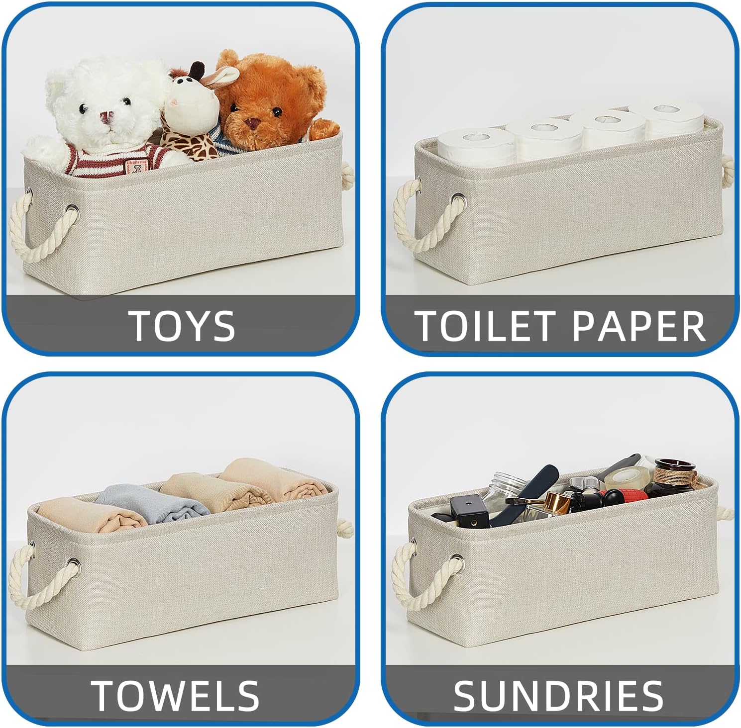 Temary Small Fabric Storage Baskets for Storage Home, Narrow Rectangle Basket with Rope Handles, Decorative Basket for Organizing Toilet Tank Top, Towels, Toilet Paper (Beige, 15Lx6Wx5.5H Inches)