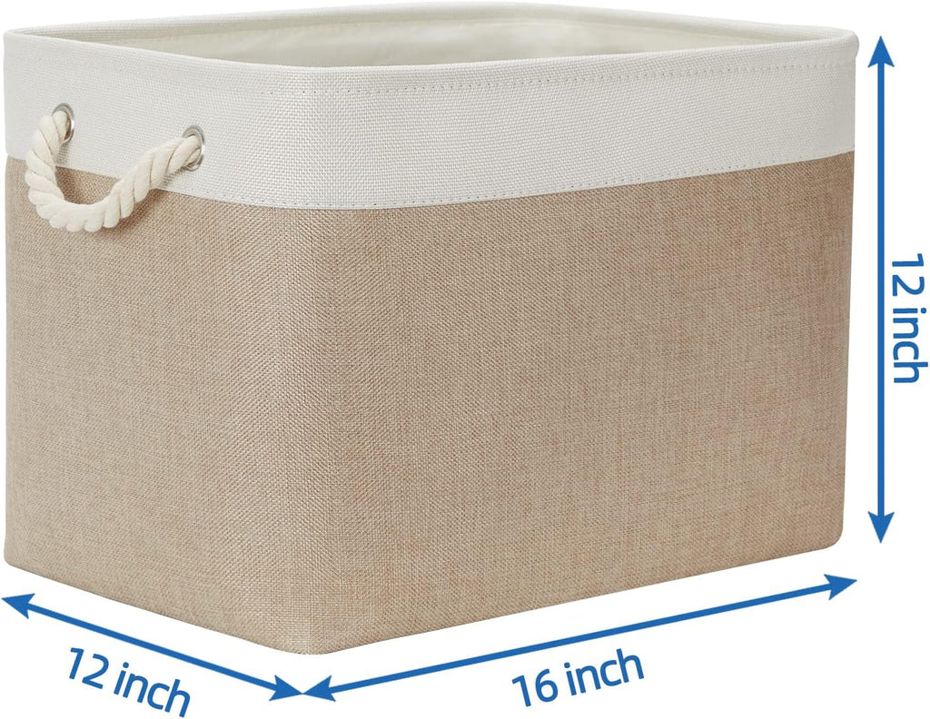 Temary Fabric Storage Baskets 2 Pack Decorative Storage Bins Basket for Gifts Empty Shelf Baskets with Handles for Organizing Home Closet, Towels (White&Khaki,16Lx12Wx12H Inches)