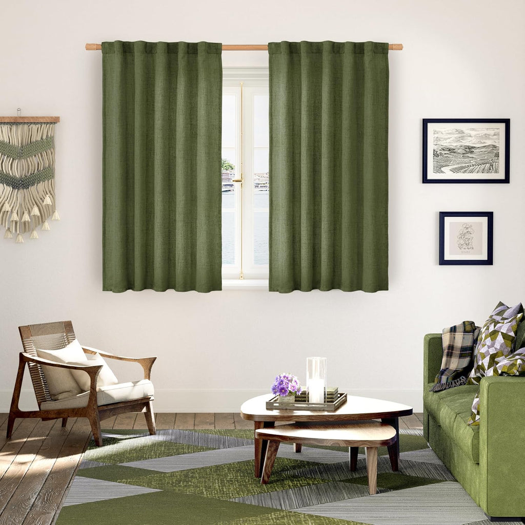 YoungsTex Olive Green Linen Curtains 45 Inch Length, Short Window Drapes Light Filtering Textured Semi Sheer with Rod Pocket Back Tab for Kitchen Living Room, 2 Panels, 42 X 45 Inch