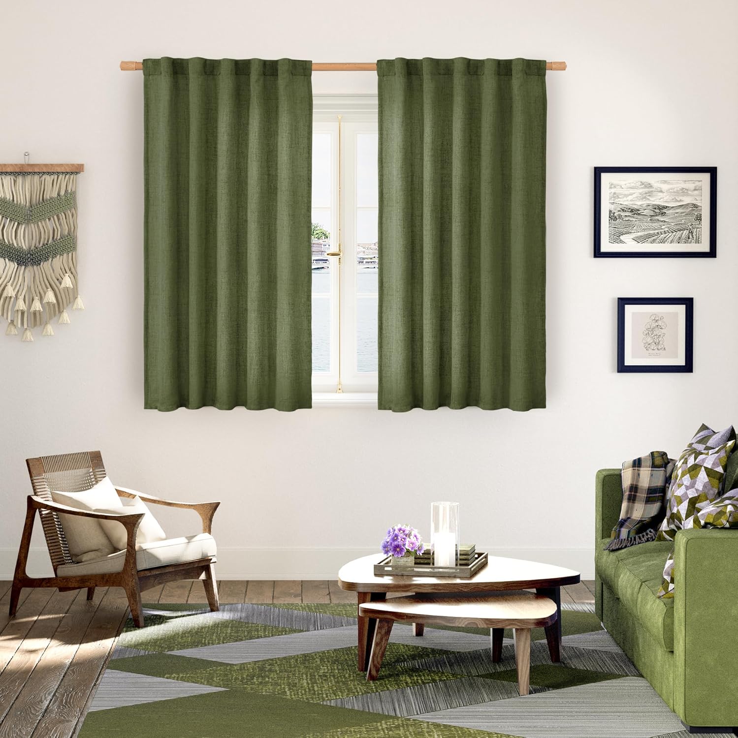 YoungsTex Olive Green Linen Curtains 45 Inch Length, Short Window Drapes Light Filtering Textured Semi Sheer with Rod Pocket Back Tab for Kitchen Living Room, 2 Panels, 42 X 45 Inch