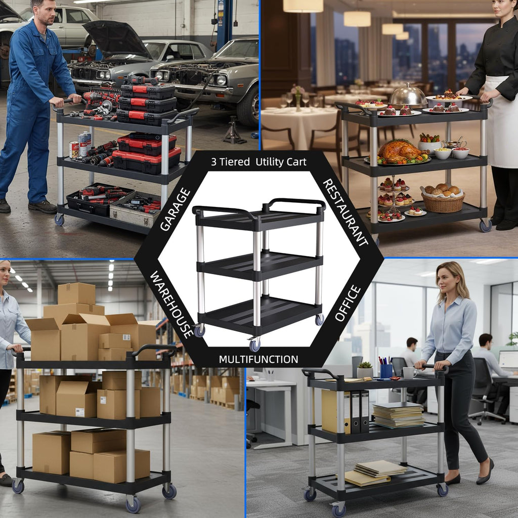 Plastic Utility Cart with Anti-Tangle Wheels, Solid Armrests, 350 Lbs Heavy Duty Capacity, 3-Tier Rolling Serving Cart for Home, Office, Restaurant, Warehouse.34.2" × 17" × 37"