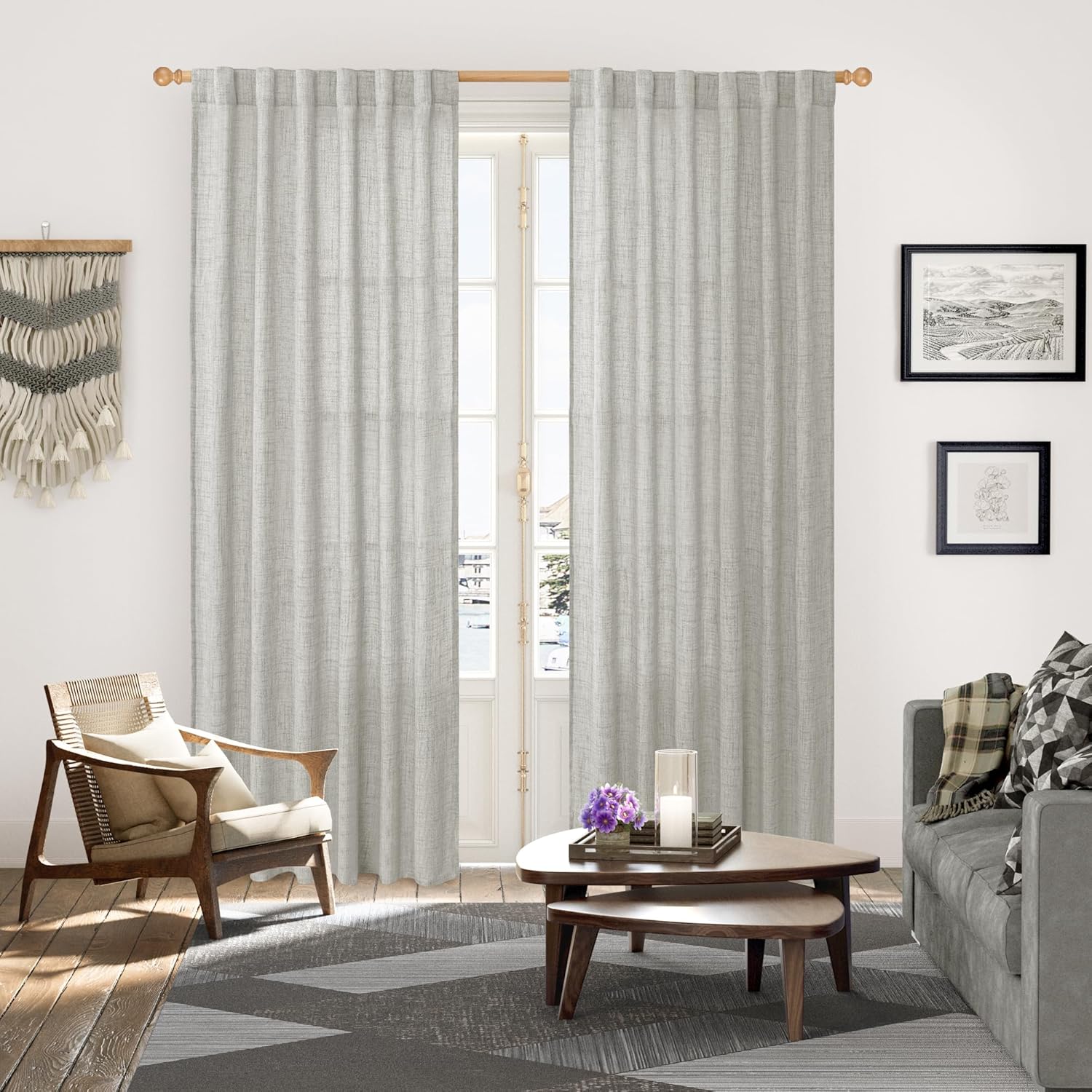 YoungsTex Light Grey Linen Semi Sheer Curtains 84 Inch Length for Living Room 2 Panels Set, Light Filtering Window Treatments Rod Pocket Back Tab for Bedroom Dining Farmhouse, 52 X 84 Inch