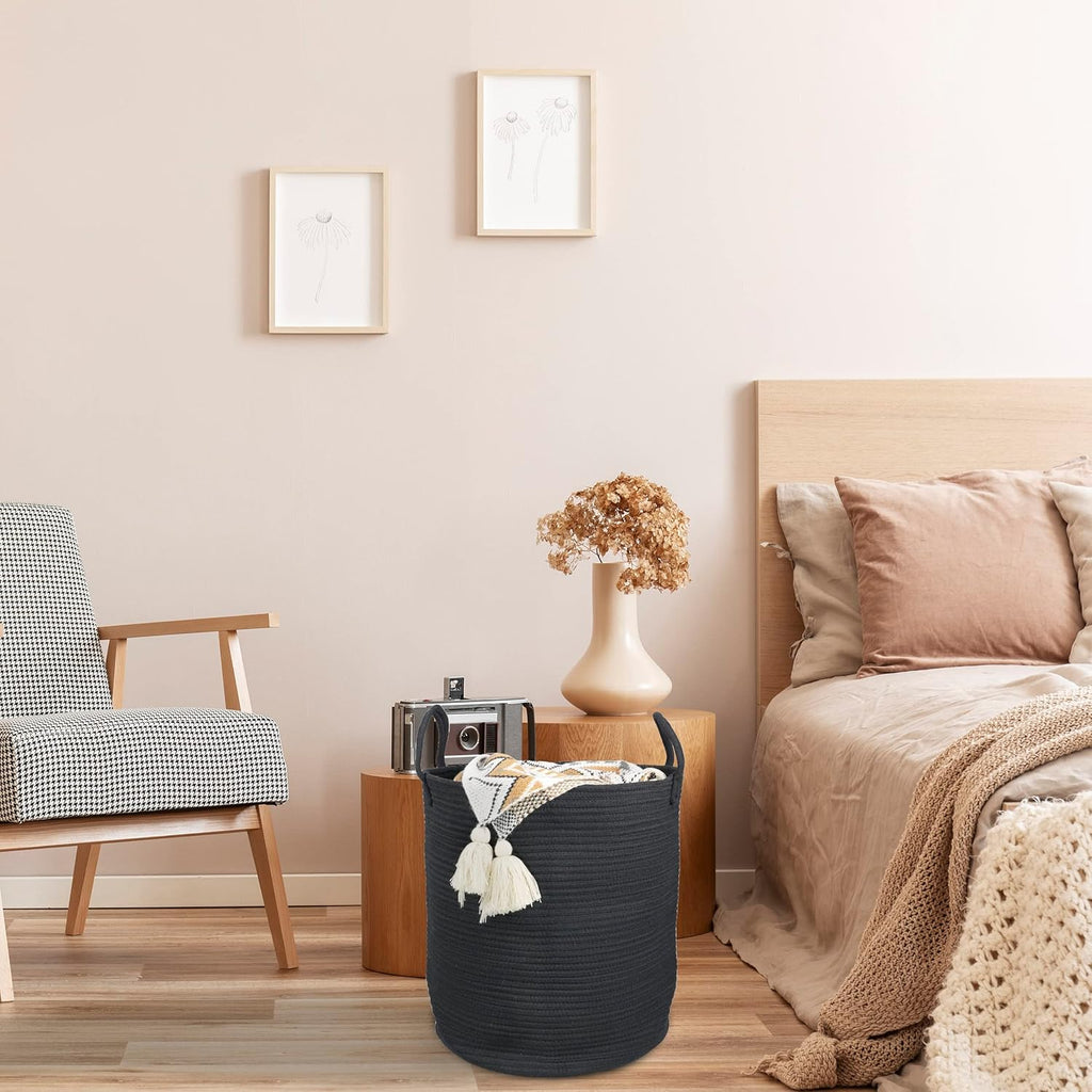 Black Cotton Rope Laundry Basket Hamper for Clothes Woven Storage Basket for Living Room Bedroom Boho Tall Rope Baskets for Blanket Toys Pillow Towels Baby Nursery Hamper Bin Large