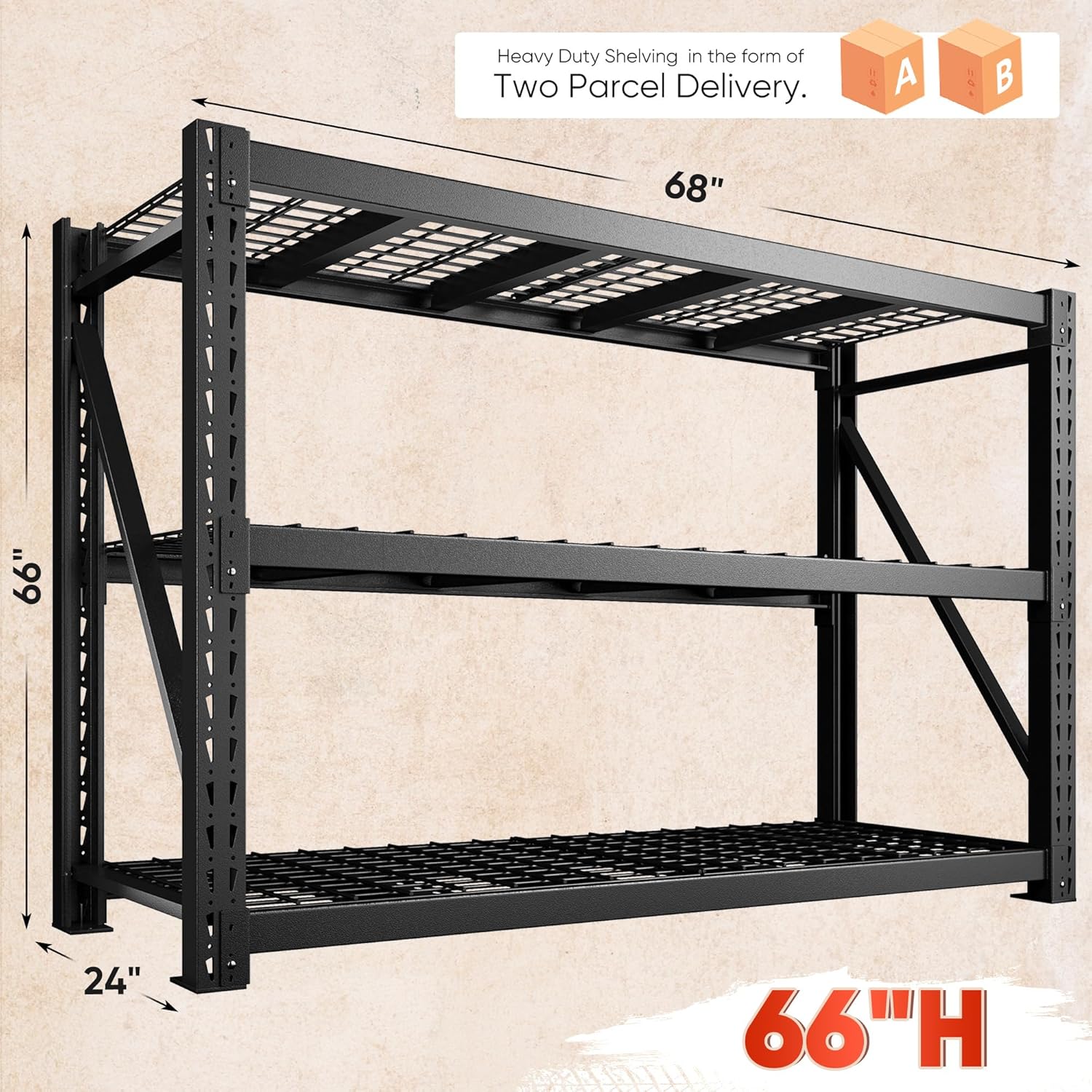 Bepatio 7014LBS Garage Shelving Heavy Duty 67.6W Storage Shelves Adjustable Metal Shelving 3 Tier Utility Shelf for Warehouse Basement Shop, Black 67.6''Wx23.7''Dx66''H, 2PCS
