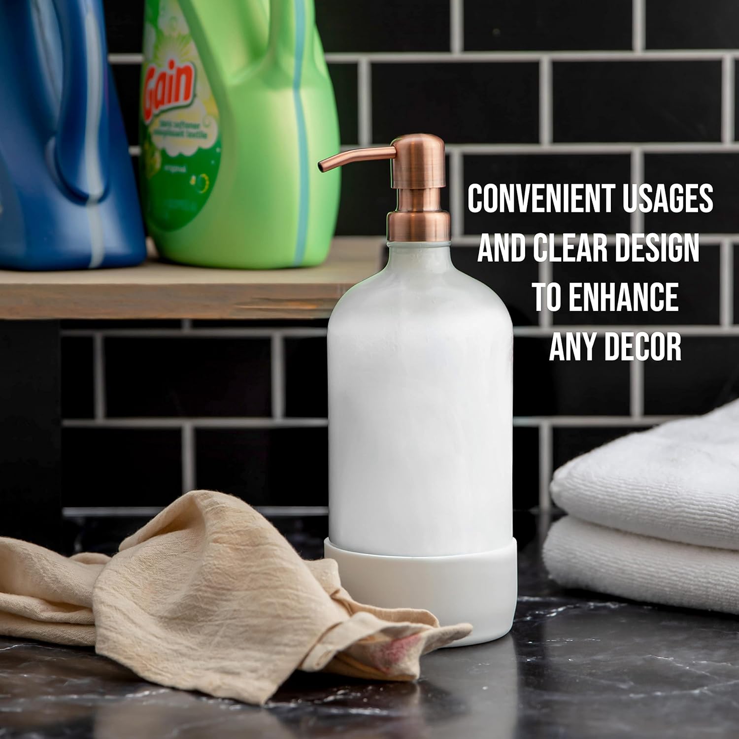 32 oz Glass Pump Bottle Rustproof Stainless Steel Pump, Funnel, and Lids. Modern Farmhouse Vintage Jar, Large Glass Shampoo Bottles with Pump and Laundry Soap Dispenser - Rose Gold