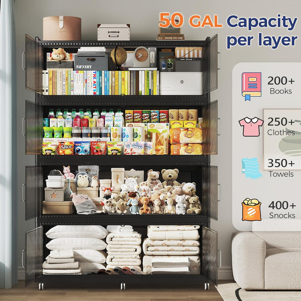 150GAL Extra Large Storage Bins with Lid, 600QT Collapsible Organizer with Wheels, Stackable Closet Cabinet with Doors, Folding Storage Containers for Home, Office, Dorm, 3Pack Black