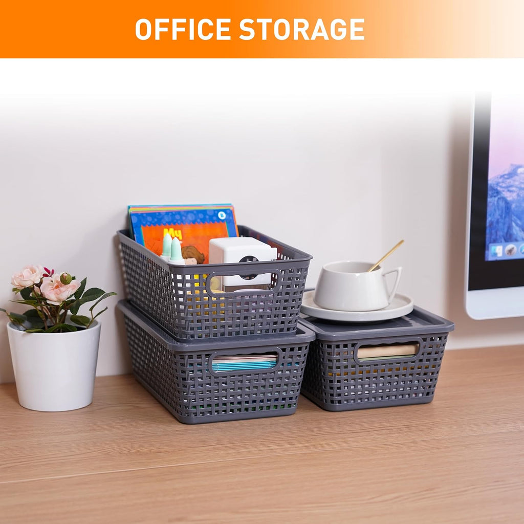 Plastic Storage Baskets With Lid, Storage Bins for Organizing, Stackable Decorative Containers for Shelves Drawers Desktop Closet Playroom Classroom Office, 6 Pack-Grey