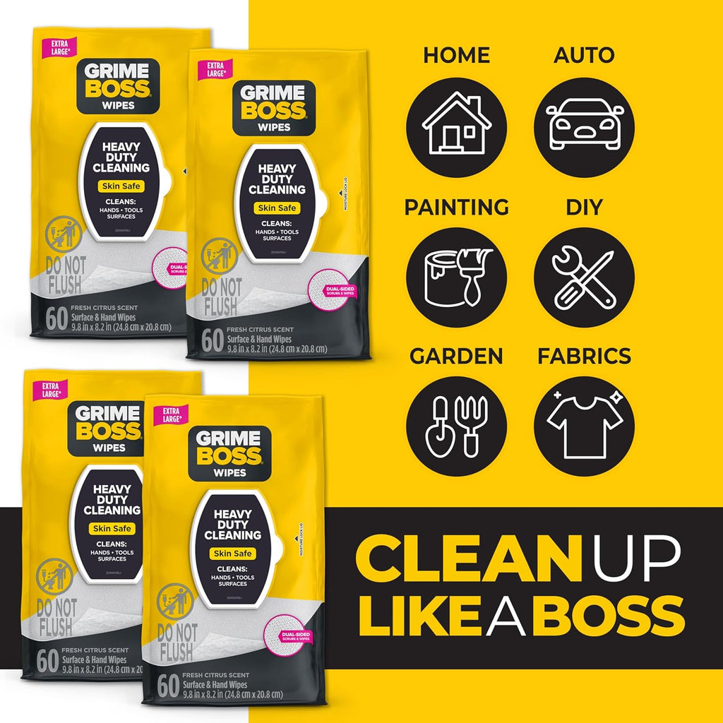 Grime Boss Heavy Duty Surface and Hand Wipes (4x60ct) | Wet Wipes Remove Paint, Oil, Grease, Adhesives, Mud, Dirt | Shop Wipes Replace Cleaners like Rags, Towels, Pumice, Soap