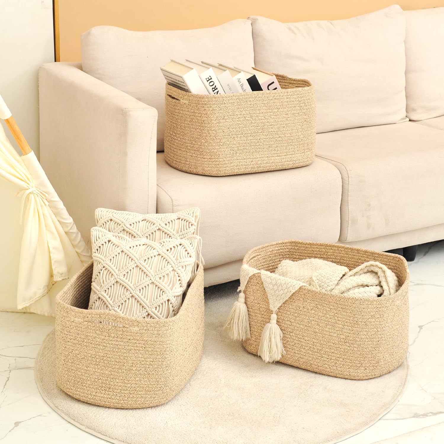 Large Storage Baskets for Organizing Shelves, Woven Cotton Rope Bins for Baby Nursery Organization, Book Toy Towel Organizer, 17"x13"x9.5", 3 Packs, Brown