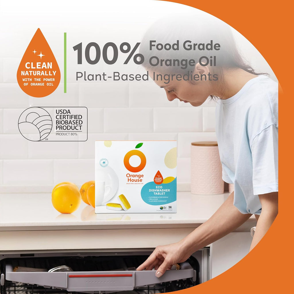 Orange House Plant Based Dishwasher Tabs 56 Count | 100% Food Grade Orange Oil, Deep Clean, Eco-Friendly, No Synthetic Fragrance, No Harmful Chemical, Paper Packaging