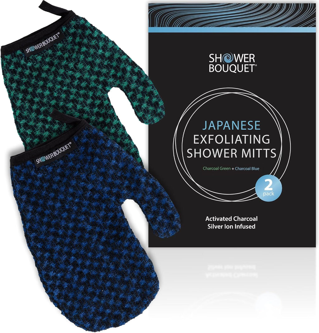 Japanese Exfoliating Mitt 2-Pack - Charcoal & Silver Ion Exfoliating Gloves for Shower - Soft Inner Fabric Gentle Exfoliation & Deep Cleansing Body Scrub Gloves for All Skin Types - 1 Blue, 1 Green