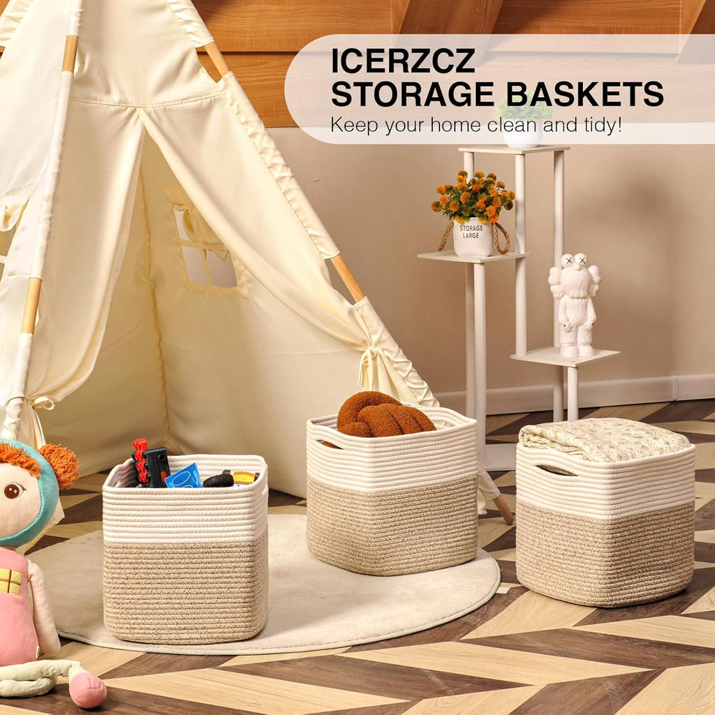 11 Inch Cube Storage Bins, Organizer Woven Cotton Rope Square Baskets for Organizing Shelves, Toys, Nursery, Off White & Brown (Pack of 3)