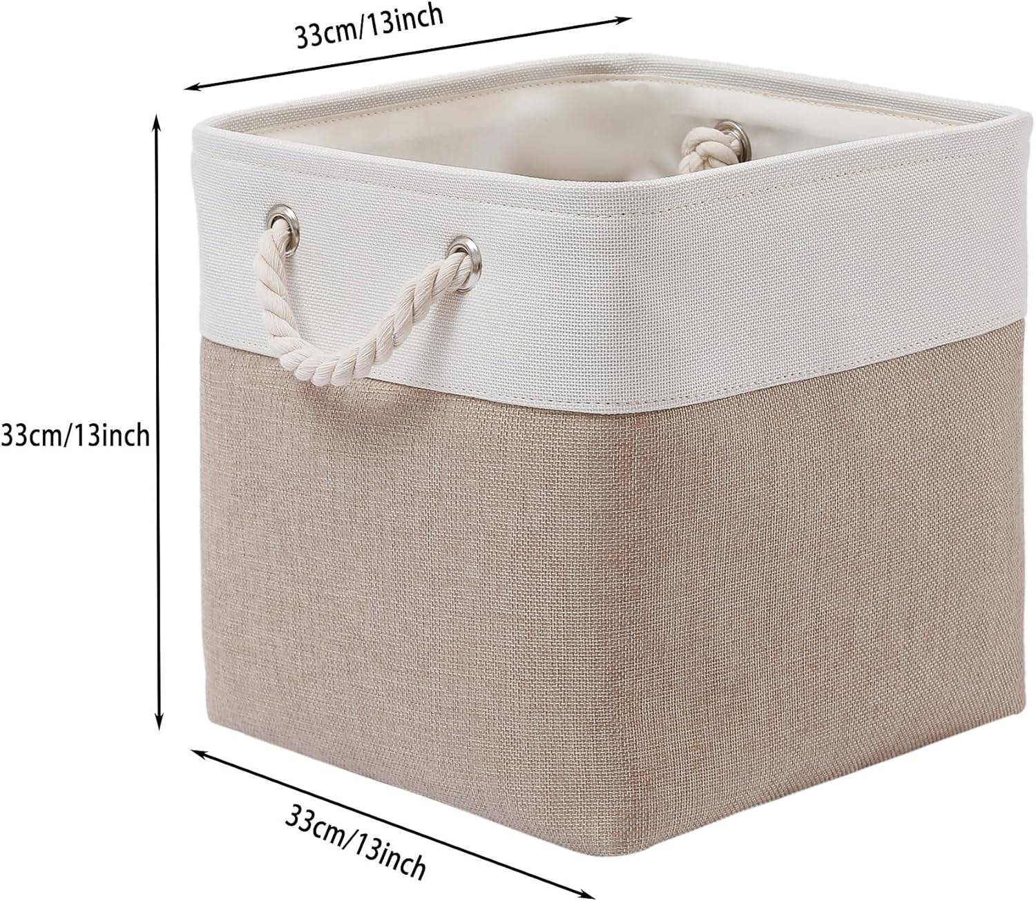 13 x 13 Inch Cube Storage Bins, 4 Pack Large Collapsible Fabric Storage Bin with Ropes, Foldable Storage Cubes for Home, Office,Closet, Clothes, Toys Organizer (White & Beige)